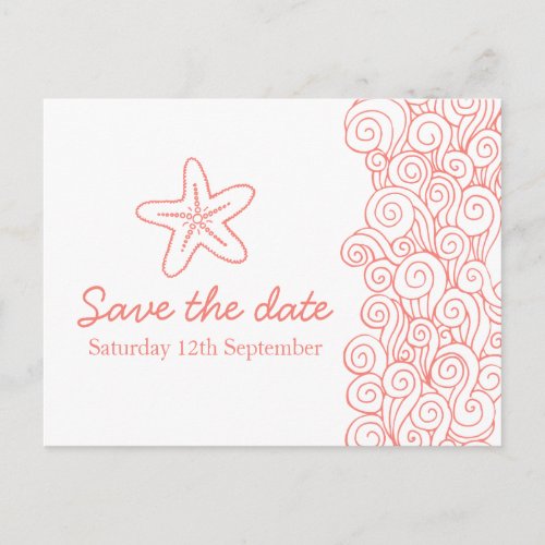 Sea star  swirls coral  white save the date card