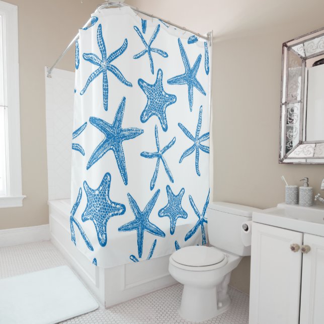 Sea stars in blue shower curtain (In Situ)