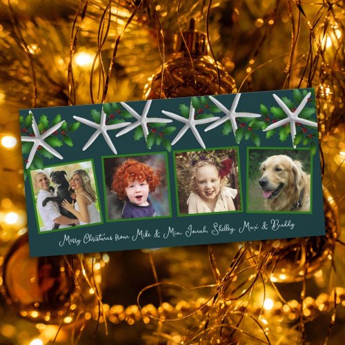 Sea Stars n Holly Four Photo Family Christmas Holiday Card