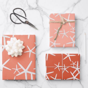Sea Stars Pattern Coral Pink Wrapping Paper by holiday_store at Zazzle