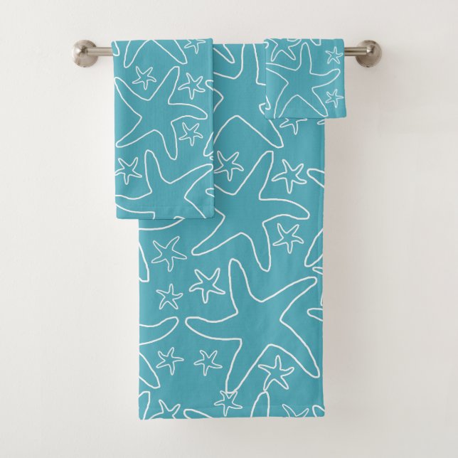 Sea Stars Pattern Weathered Blue Gray Bath Towel Set (Insitu)