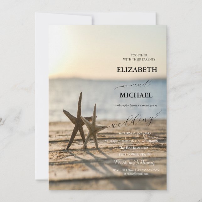 Sea stars Sand Beach Script Wedding Invitation (Front)