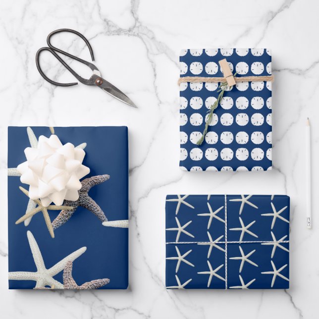 Sea Stars Sand Dollars Dark Navy Blue Wrapping Paper Sheets (Front)