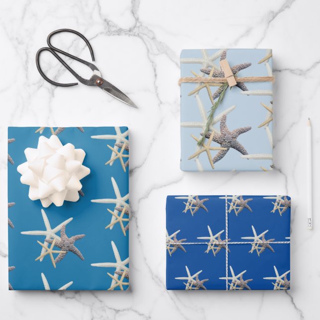 Sea Stars Shades of Blue Wrapping Paper Sheets (Front)