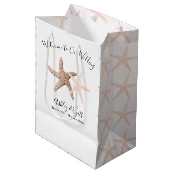 Sea Stars Wedding Welcome Pink Brown Paper Bag by sandpiperWedding at Zazzle