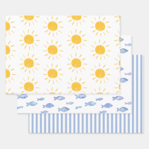 Sea sun blue fish stripes  wrapping paper sheets