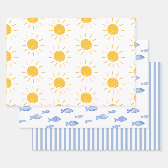 Sea sun blue fish stripes  wrapping paper sheets (Set)