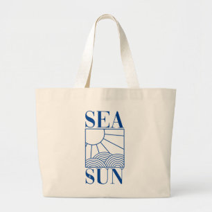 "Sea & Sun" minimal icon with waves & sunbeams Large Tote Bag
