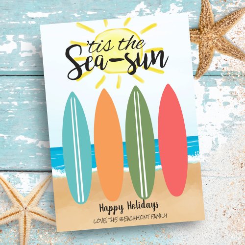 Sea Sun TropicalBeach Surfboard Coastal Christmas Holiday Card
