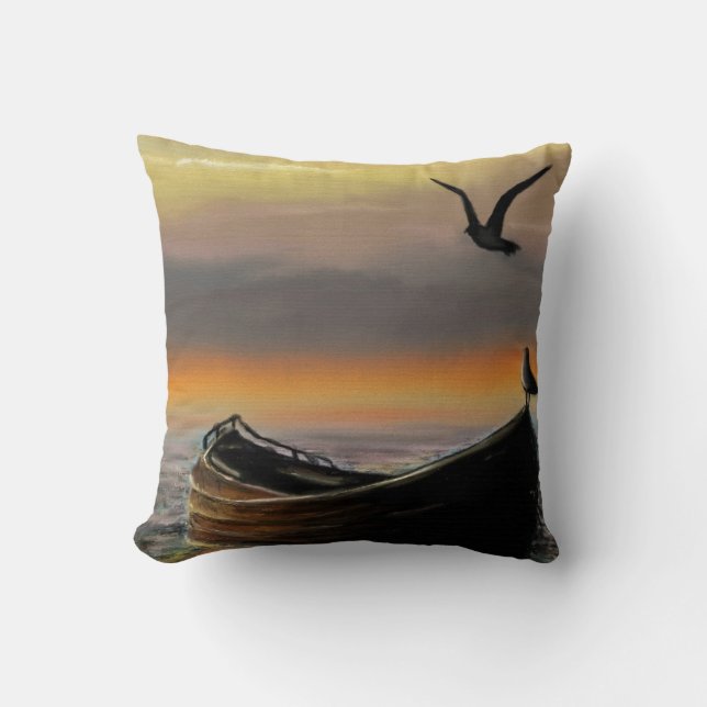 Sea Sunset Boat Seagull Flying Throw Pillow (Front)