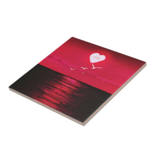 Sea Sunset Love Heart Ceramic Tile - Black Red