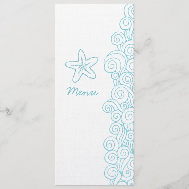 Sea swirls starfish blue white wedding dinner menu (Front)