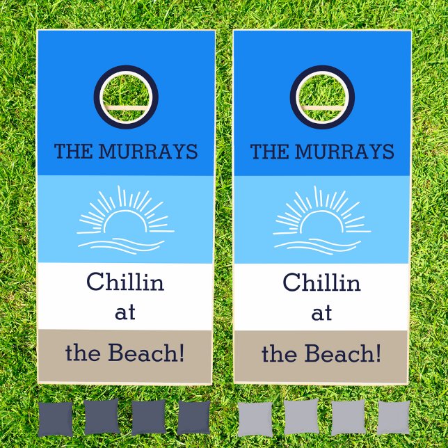 Sea Tan Blue Stripes Family Name Beach House Cornhole Set (Creator Uploaded)
