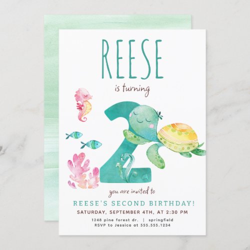 Sea Turtle 2nd Birthday Invitation