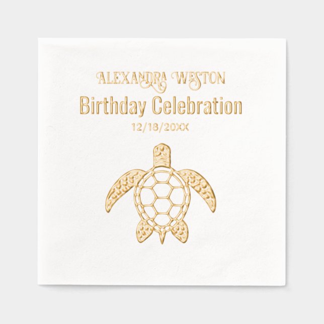 Sea Turtle #5 Birthday Party Celebration Name Date Foil Napkins (Front)
