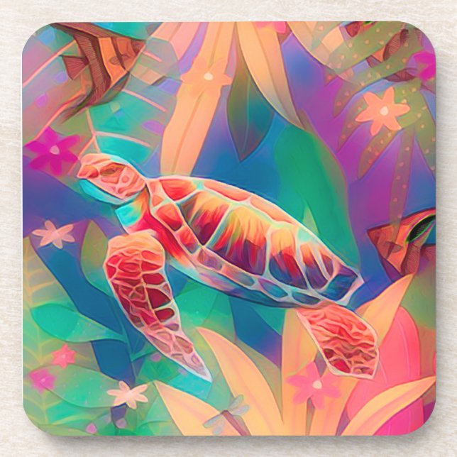 Sea Turtle and Angelfish Beverage Coaster (Front)