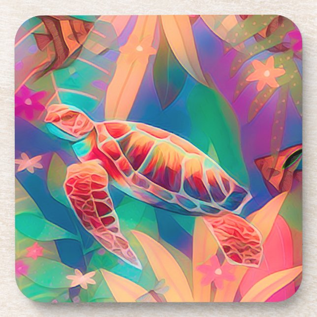 Sea Turtle and Angelfish Beverage Coaster (Front)