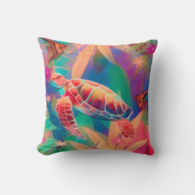 Sea Turtle and Angelfish Throw Pillow (Front)