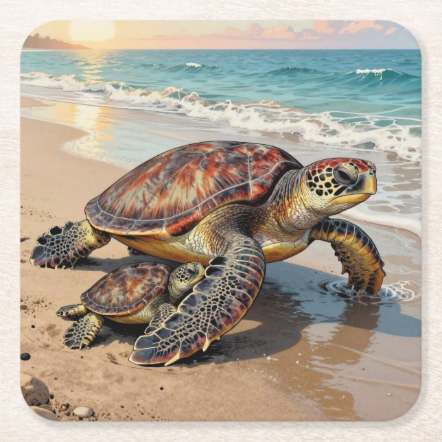 Sea Turtle and Baby Illustration  Square Paper Coaster (Front)