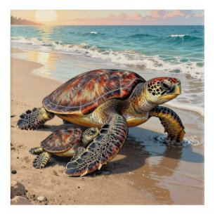 Sea Turtle and Baby on Beach Illustration Acrylic Print