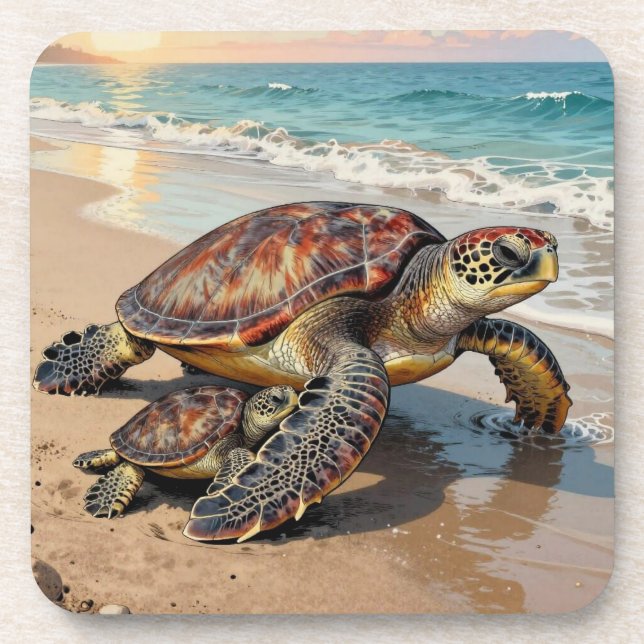Sea Turtle and Baby on Beach Illustration Beverage Coaster (Front)