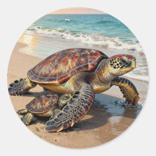 Sea Turtle and Baby on Beach Illustration Classic Round Sticker