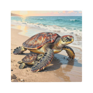 Sea Turtle and Baby on Beach Illustration Metal Print