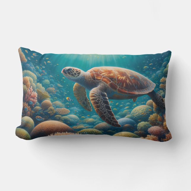 Sea Turtle and Coral Lumbar Pillow (Front)