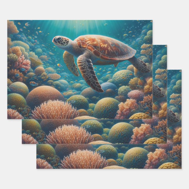 Sea Turtle and Coral Wrapping Paper Sheets (Set)