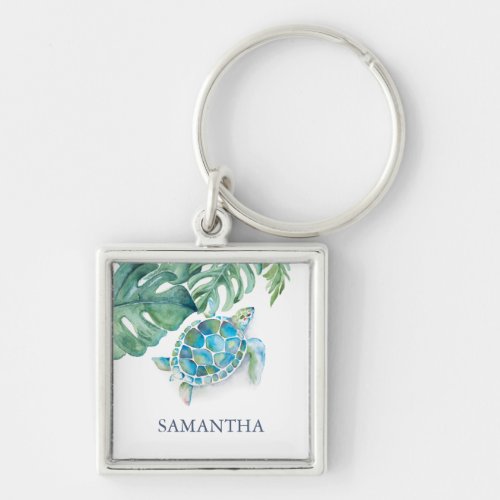 Sea Turtle and Palm Leaves Beach Keychain