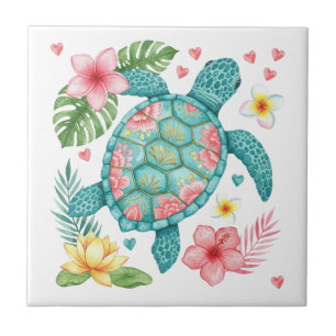 Sea Turtle and Tropical Flowers Ceramic Tile