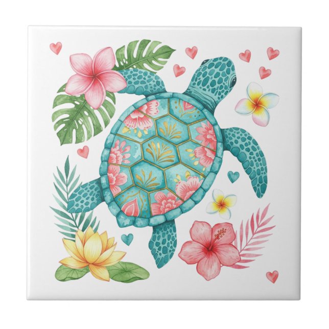 Sea Turtle and Tropical Flowers Ceramic Tile (Front)
