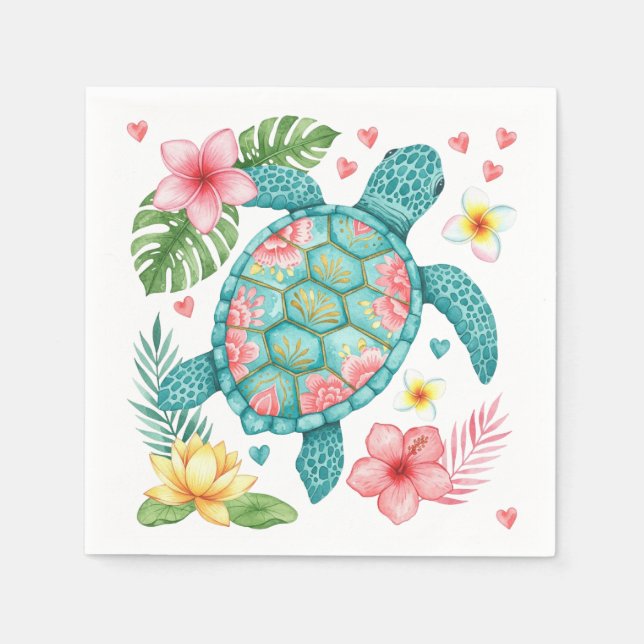 Sea Turtle and Tropical Flowers Napkins (Front)