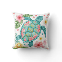 Sea Turtle and Tropical Flowers