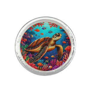 Sea Turtle and Vibrant Coral Reef Ring