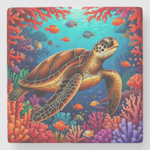 Sea Turtle and Vibrant Coral Reef Stone Coaster