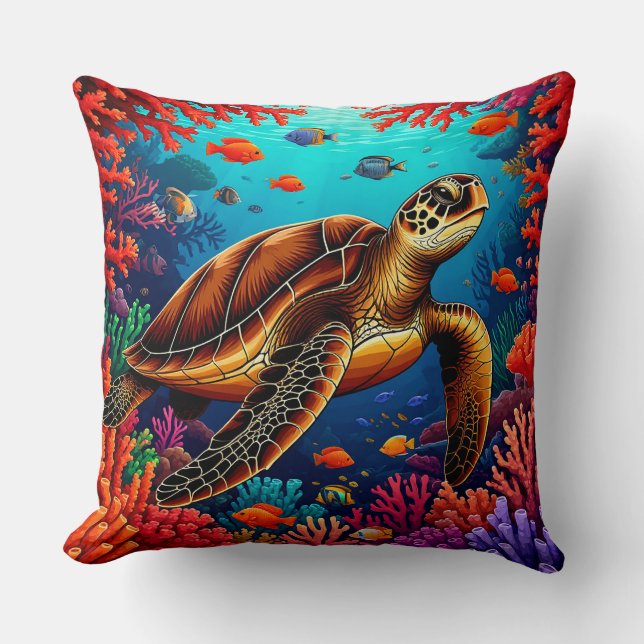 Sea Turtle and Vibrant Coral Reef Throw Pillow (Front)