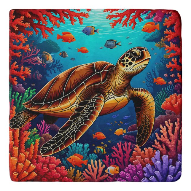 Sea Turtle and Vibrant Coral Reef Trivet (Front)