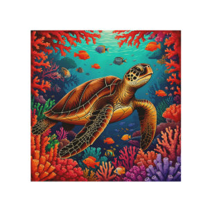 Sea Turtle and Vibrant Coral Reef Wood Wall Art