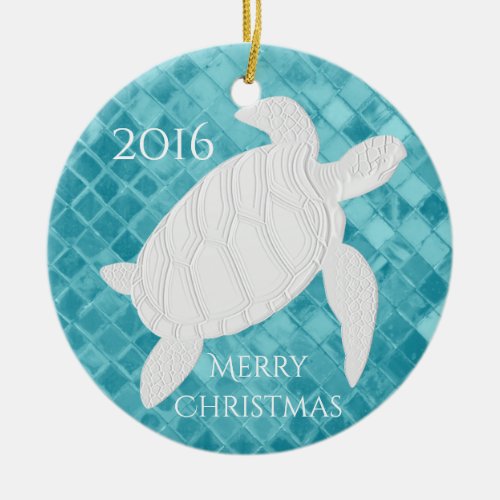 Sea Turtle Aqua Sea Glass Personalize Ceramic Ornament