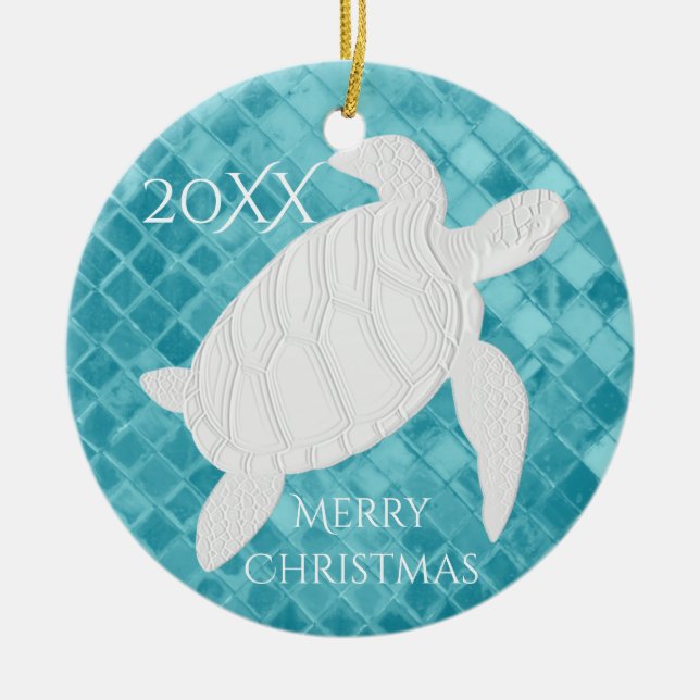 Sea Turtle Aqua Sea Glass Personalize Ceramic Ornament (Front)