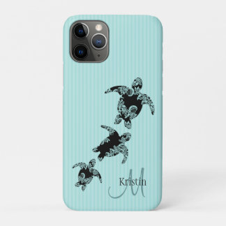 Sea Turtle Aqua Stripe with Monogram iPhone 11 Pro Case