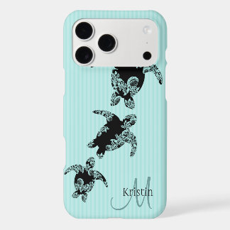 Sea Turtle Aqua Stripe with Monogram iPhone 17 Pro Max Case