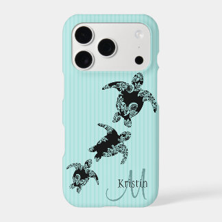Sea Turtle Aqua Stripe with Monogram iPhone 17 Pro Case