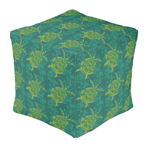 Sea Turtle Aquamarine Cube Pouf