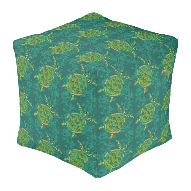Sea Turtle Aquamarine Cube Pouf (Angled Front)