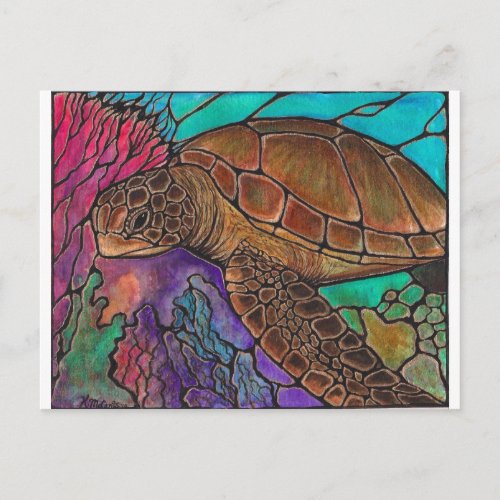Sea Turtle Artawesome stained glass style Postcard