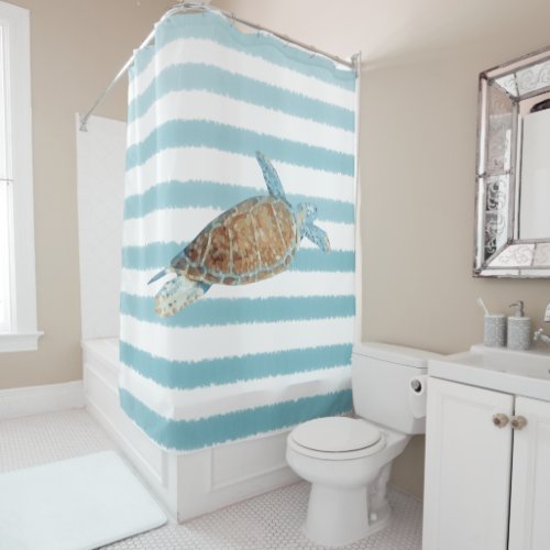 Sea Turtle Art Blue Stripes Shower Curtain