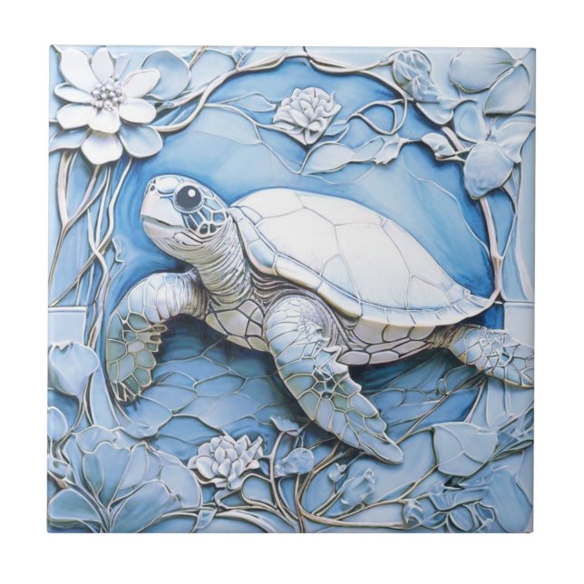 Sea Turtle Art Nouveau Faux Relief Blue Ocean Life Ceramic Tile (Front)