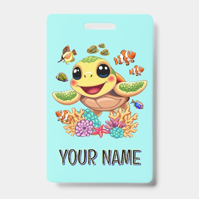Sea Turtle Baby Happy and Cute Character Badge (Front)